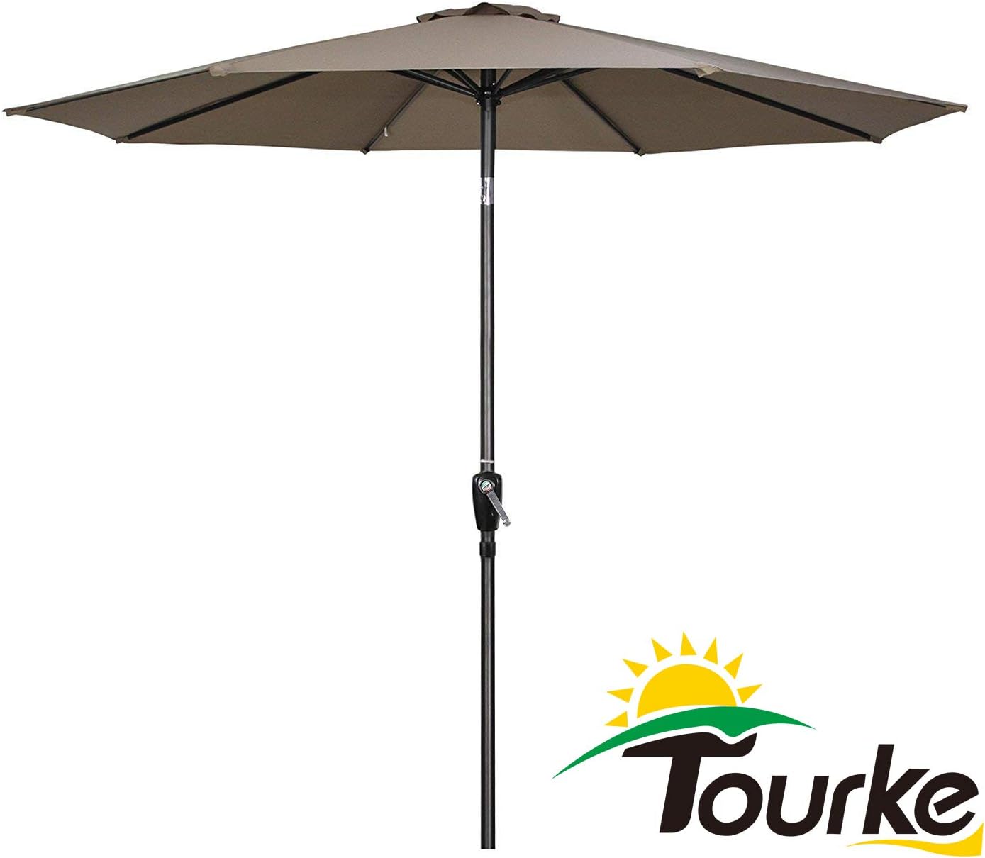 Tourke 9 Ft Patio Umbrella Outdoor Table Umbrella Crank, 8Rids, Push Button Tilt (Taupe)
