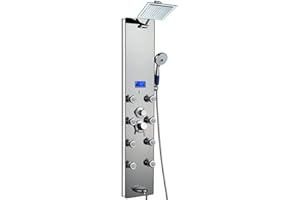 AKDY 52 In. 8-Jet Multi-function Tempered Glass Shower Panel System In Silver With Rainfall Shower Head tub spout And Temperature Display