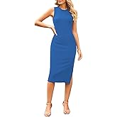 Pink Queen Women's Crewneck Sleeveless Tank Bodycon Ribbed Knit Side Sit Knee Length Pencil Midi Dresses