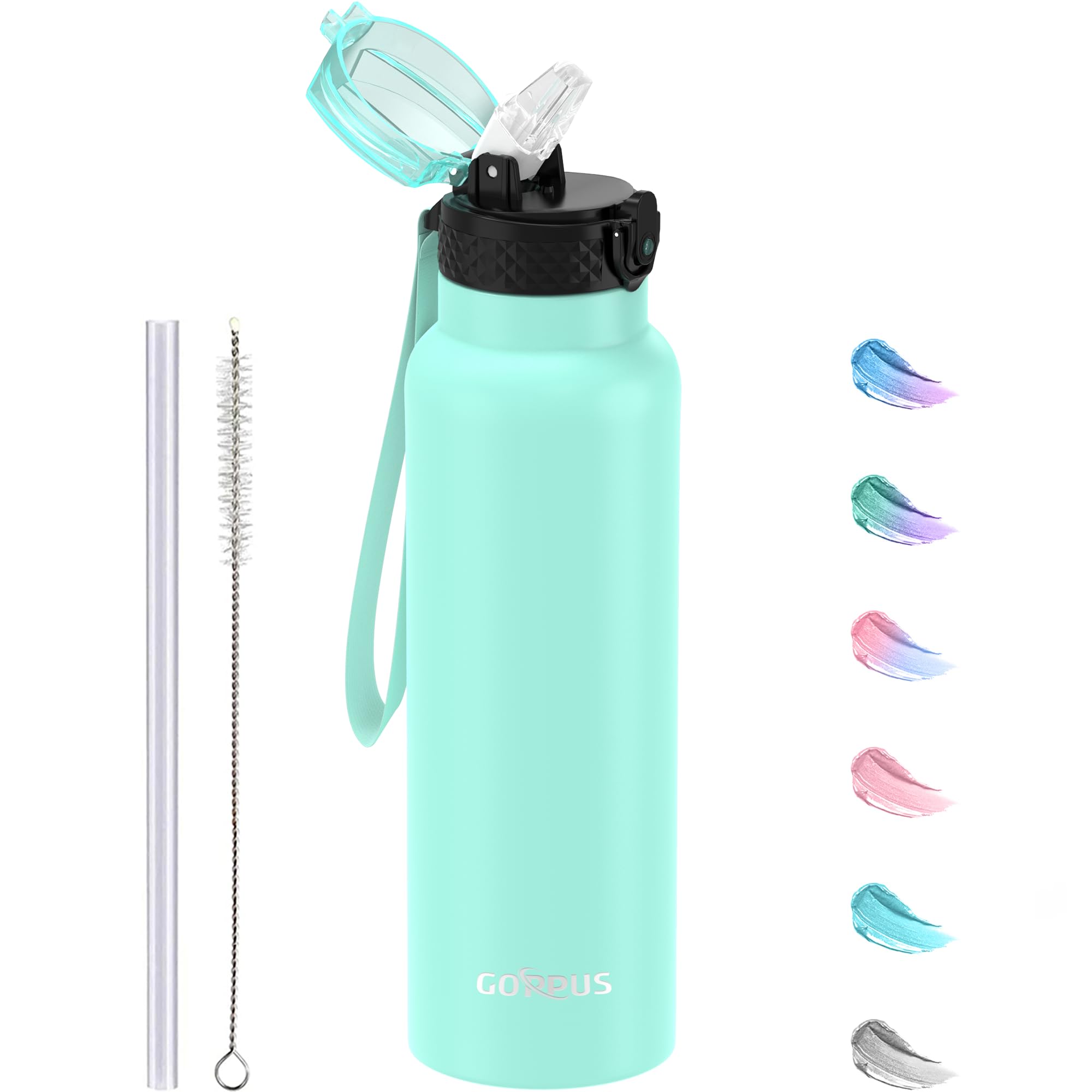 GOPPUS 750ml/26oz Stainless Water Bottle with Straw Double Wall Insulated Bottles with Strap Reusable Vacuum Thermal Flask Leakproof Keep Cold Drinks Bottles with Flip Top Lid for Men Women BPA Free
