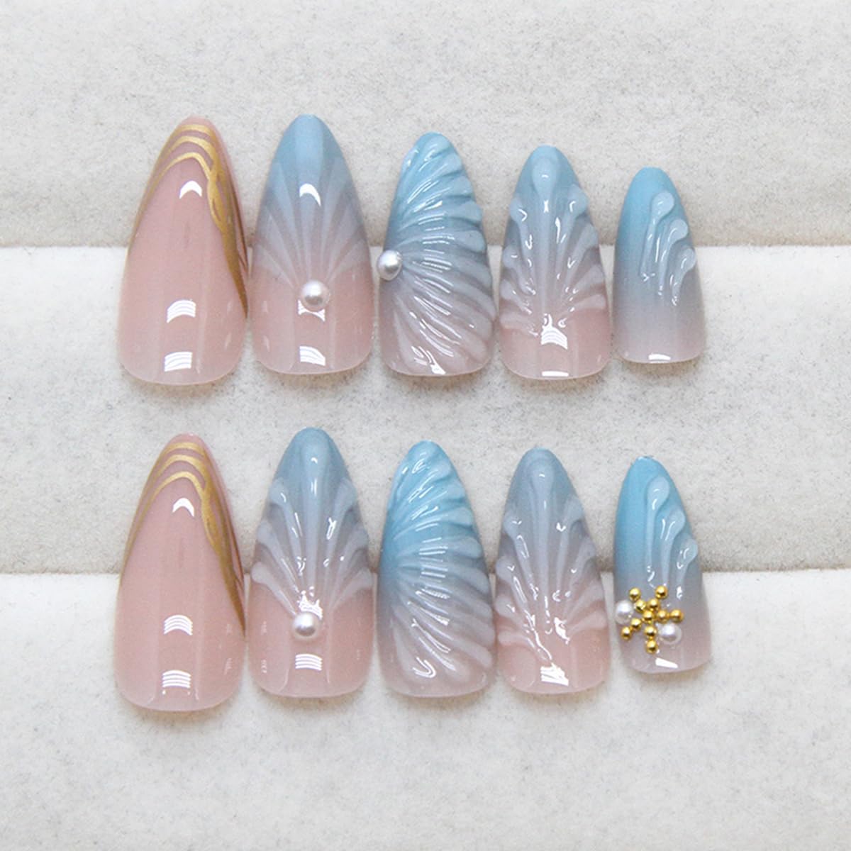24 Pcs Summer Press on Nails Short Almond,YEFIUO French Nail Tips Acrylic Nail Kit 3D Beach Shell Starfish Pearl Nail Art Fake Nails Press ons French Tip Glue on Nails Full Cover False Nails for Women - Image 4