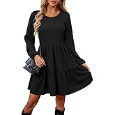 Women's Casual Long Sleeve Midi Dress Ruffle Flowy Pleated Tiered Swing A-Line Crewneck Vintage 2025 Fall Winter Dresses