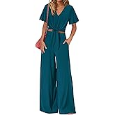 PRETTYGARDEN Women 2 Piece Summer Outfits Short Sleeve Strappy Top Wide Leg Pants Tracksuit Lounge Sets Beach Clothes