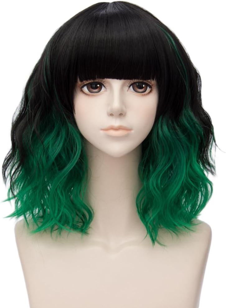 Black Mixed Green 35CM Fluffy Curly Synthetic Lolita Halloween Cosplay Medium Fringe Wigs with Free Wig Cap