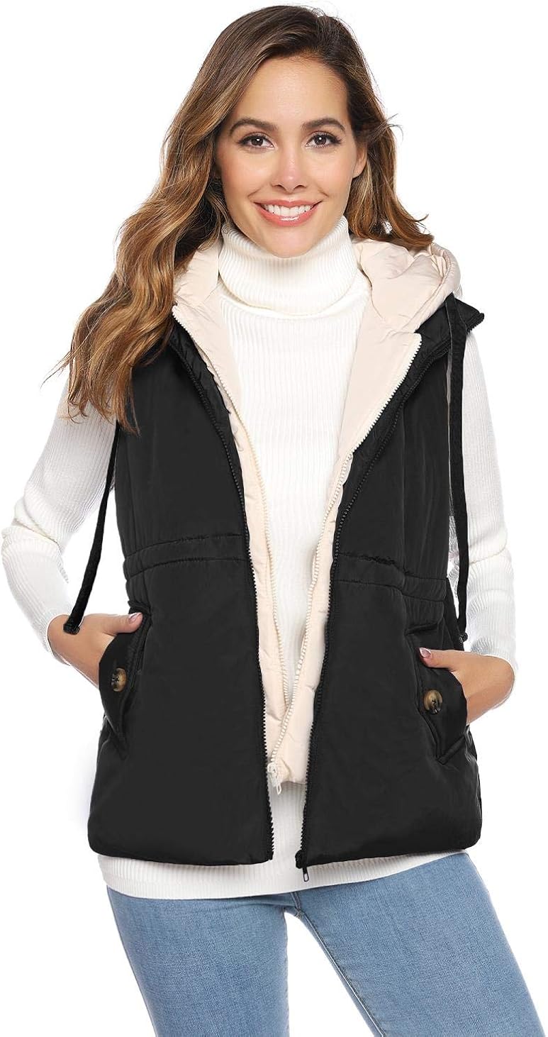 Akalnny Women's Gilet Coat with Hood Ladies Vest Lightweight Large