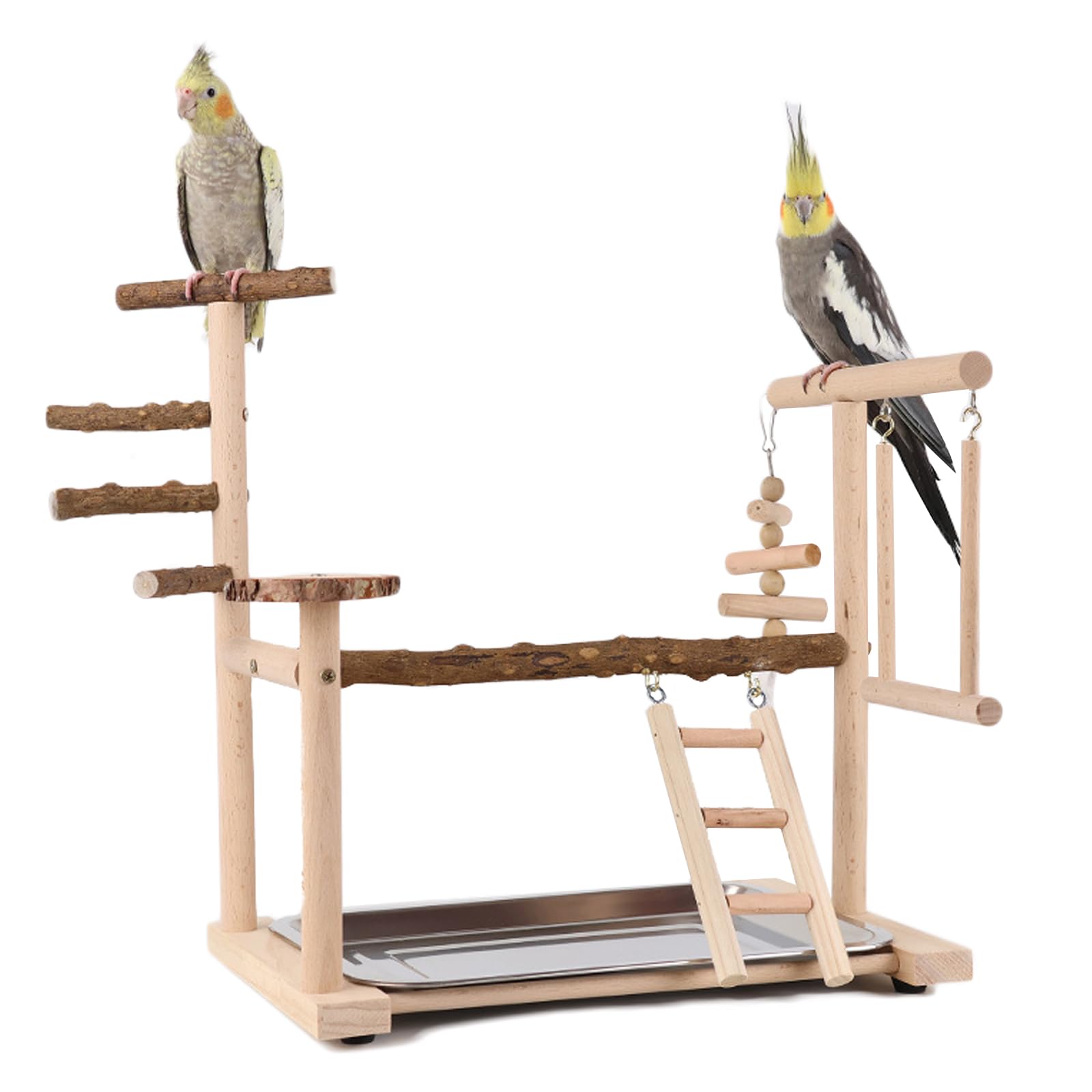 WishesMar Bird Playground Parrot Play Stand with Swing Climb Ladder and Tray Budgie Playground Cage Exercise Gym Toys for Parakeets Cockatiel, Wooden, Size About 14.2x9.0x15.3 In