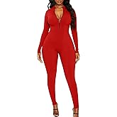 Mizoci Women's Sexy Bodycon Long Sleeve One Piece Jumpsuit V Neck Zip Up Ribbed Full Romper