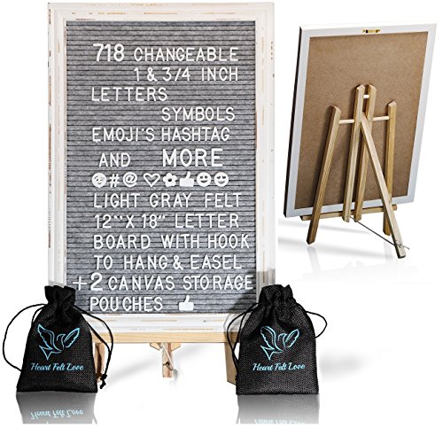 Black Felt Letter Board With Easel Stand 12 x 18 | 718 Changeable Characters Including 1 inch and ¾ Letters, Symbols, Emojis Hashtag + More | Hook To Hang | 2 Bags (Gray W/Antique Frame)