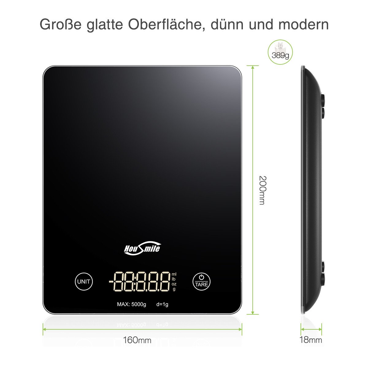 Housmile Digitale Küchenwaage, Elektronische Waage, Professionelle Waage mit hohe Präzision 5kg/1g, Sicherheitsglas mit LCD Display und Berührungsknopf, inkl. AAA-Batterien, ideal für Kochen, Backen, Briefemessen und Diätmachen, Schwarz