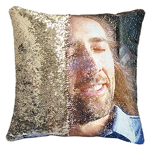 URSKYTOUS Reversible Nicolas Cage Sequin Pillow Case Decorative Mermaid Pillow Cover Color Changing Cushion Throw Pillowcase 16" x 16",Nicolas and Gold