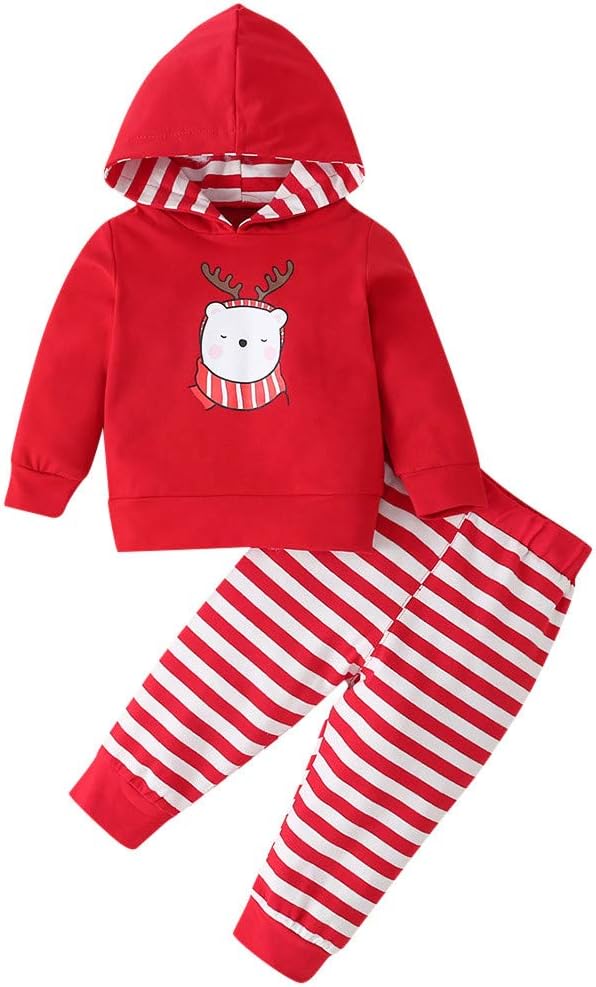 FBGood Baby Boy Girls Pyjamas Sets – Hooded Sweater with Christmas Stripe Design for Children with Cartoon + Striped Trousers Costume, red, 70