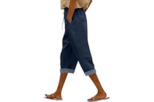 Capri Pants for Women Striped Hem High Waist Cropped Trousers Summer Drawstring Lightweight Wide Leg Lounge Slacks