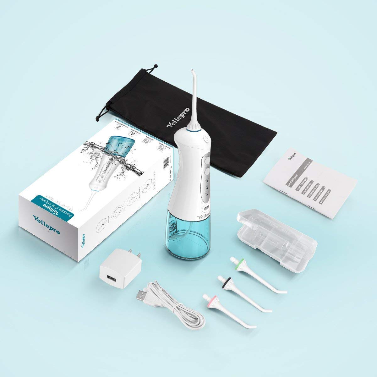 Vellepro Cordless Water Flosser Portable Dental Oral Irrigator USB Rechargeable With Professional 3 Modes & 4 Jet Tips Teeth Cleaner & Tips Box IPX7 Waterproof for Home and Travel