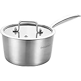 DELARLO Whole Body Tri-Ply Stainless Steel 3 Quart Saucepan with Lid, Oven Safe 600℉, Heavy Duty Saucier Pan 3 Quart, Fast an