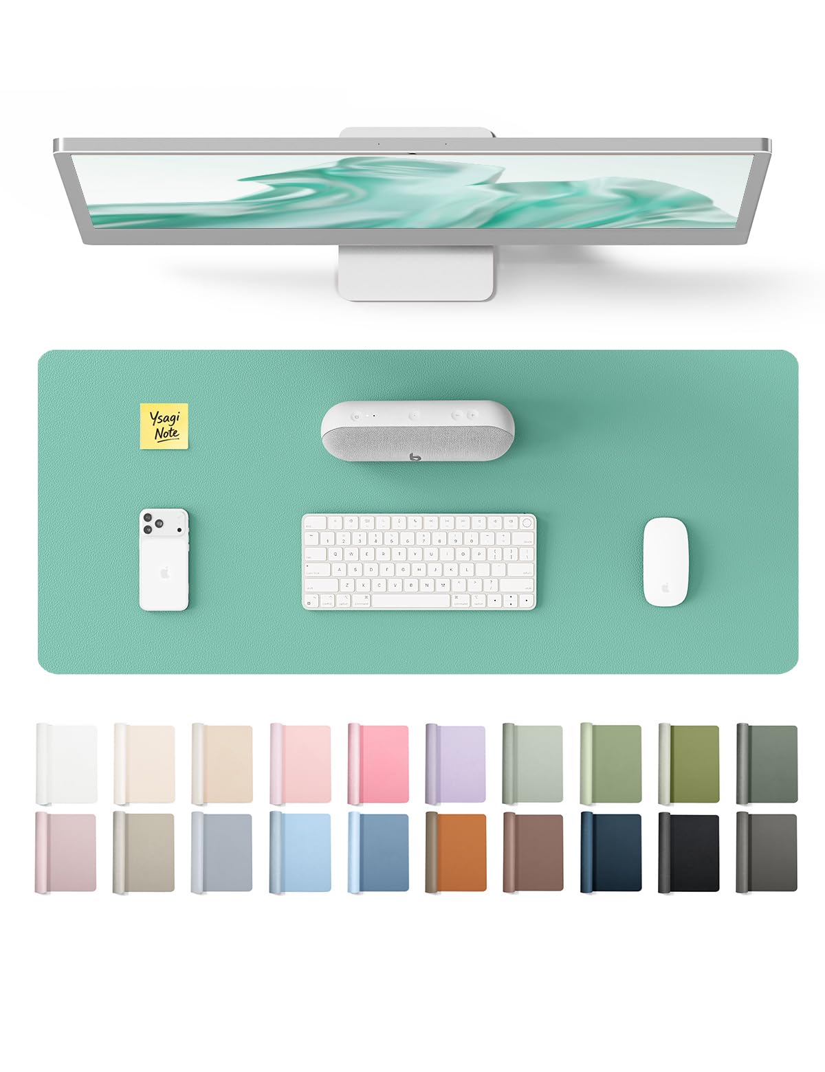 YSAGi Leather Desk Protector, Office Mat, Large Mouse Mat, Non-Slip PU Leather Blotter, Laptop Desk Pad, Waterproof Writing Pad for Office and Home (Green-Blue, 23.6" x 13.8")
