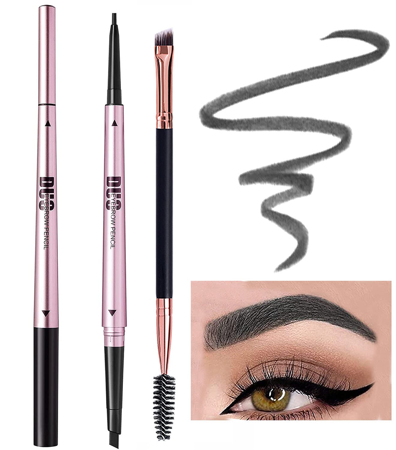 Mihqy 2 PCS Eyebrow Pencil with Brow Brush, Dual Ended Eyebrow Pen, Automatic Makeup Cosmetic Tool(Grey)