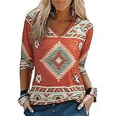 Womens Tops 3/4 Length Sleeve Shirts V Neck Graphic Western Shirts Loose Casual Vintage Blouses Cactus Desert Tees
