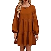 QACOHU Falll Dresses for Women 2026 Crew Neck Long Lantern Sleeve Casual Loose Flowy Swing Shift Dress