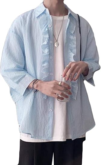 Amazon シジャァーノ シャツ 無地 メンズ ポリュームスリーブ フリル付き メンズ ブラウス 可愛い ゆったり 男性 薄い 七分袖 着回しブルーu シャツ 通販