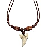 Swimmi Genuine Mako Shark Tooth Necklace, Unisex Adult, 16-32 Inch Adjustable, Brown Wooden Beads & Waxed Cords, BA371