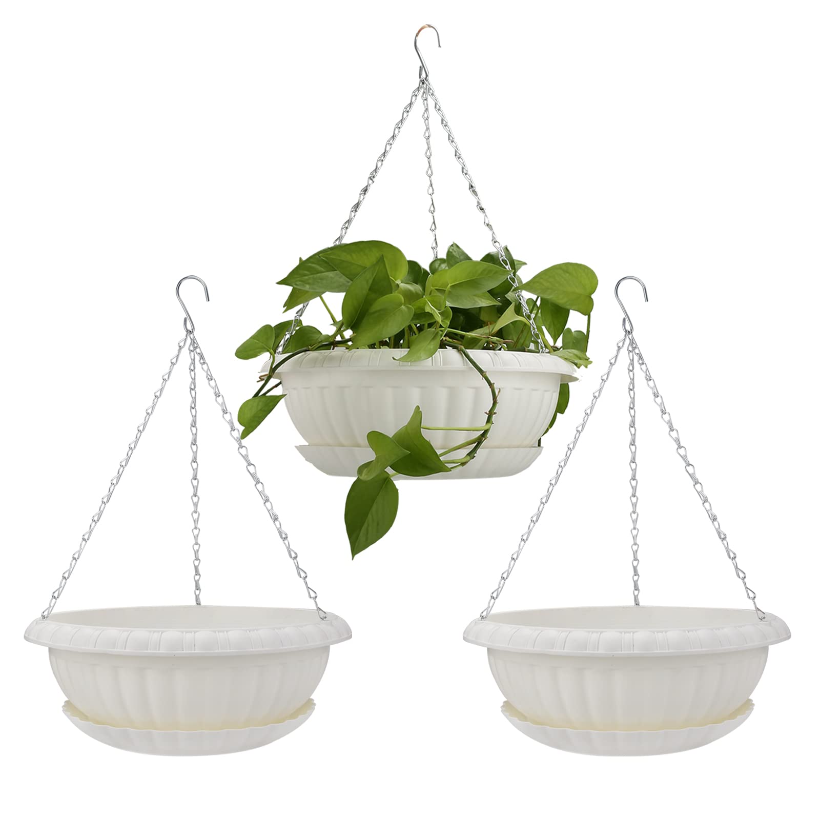 Photo 1 of summer flower 3pcs 10.6 inch Plastic Hanging Planters Pots for Outdoor Indoor Plants Hanging Flower Plant Baskets Holder for Garden Porch Ceiling (White)
