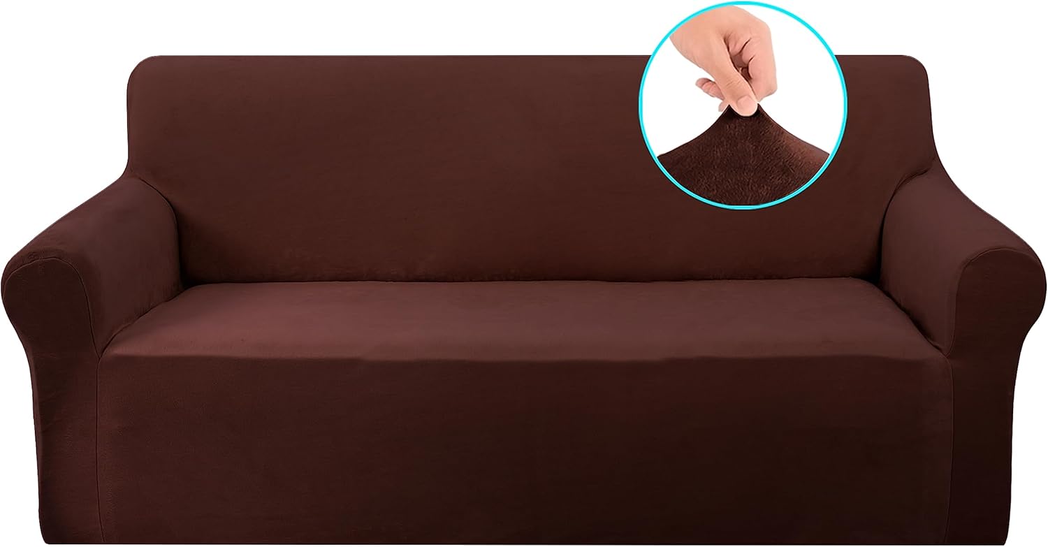Slipcovers - U-NICE HOME Velvet Sofa Covers Couch Cover for 3 Cushion Couch Sofa Stretch Couch Cover Furniture Protector Sofa Slipcovers Couch Cover for Dogs (Large, Chocolate)