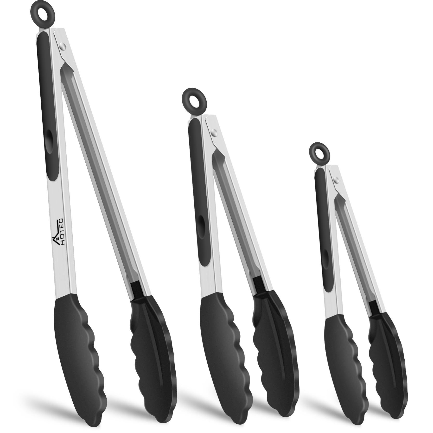 Hotec Premium Stainless Steel Locking Kitchen Tongs with Silicon Tips, Set of 3-7", 9" and 12" (Black)