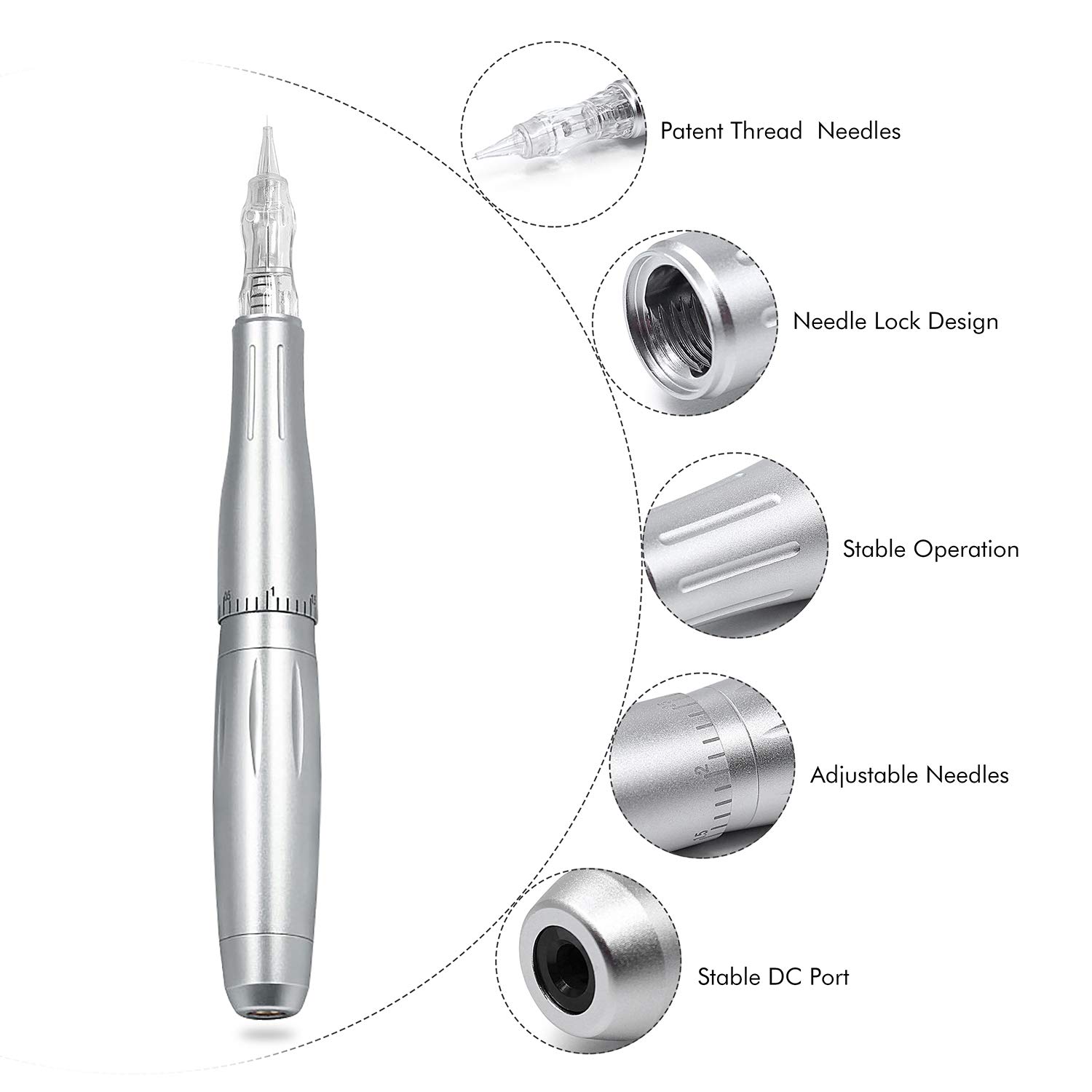 Permanent Makeup Tattoo Machine-BIOMASER Permanent Makeup Eyebrow Tattoo Machine Kit with Foot Pedal Touch Control Power Supply Rotary Tattoo Machine Pen Practice Skin 10pcs Cartridge Needles(Silver)…