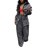 KANSOON Women Denim Set Jean 2 Piece Outfit Cargo Zip Long Sleeve Crop Jacket Wide Leg Pant Drawstring Loose Fit