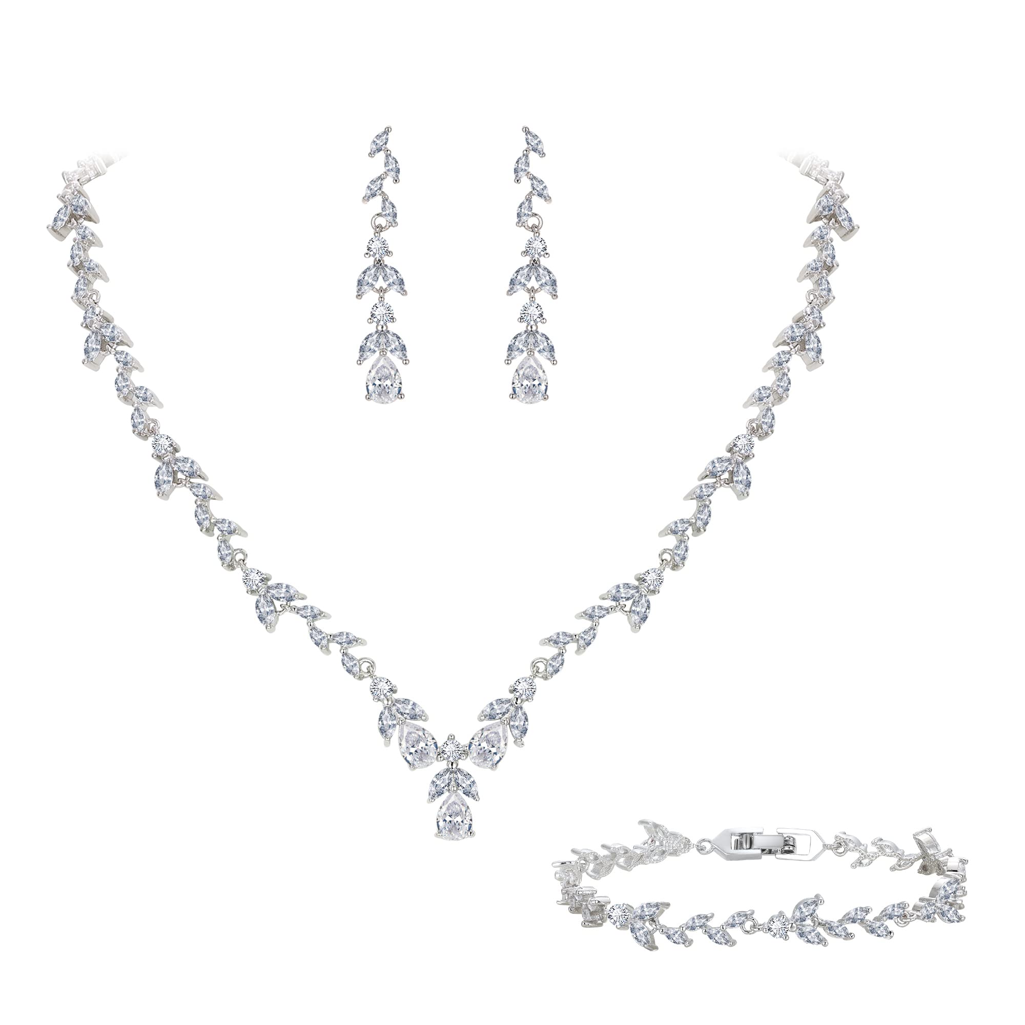 Ever Faith Jewelry Set for Women Bride, Elegant Leaf Marquise Teardrop Cubic Zirconia Necklace Dangle Earrings Bracelet Set for Wedding Banquet Party