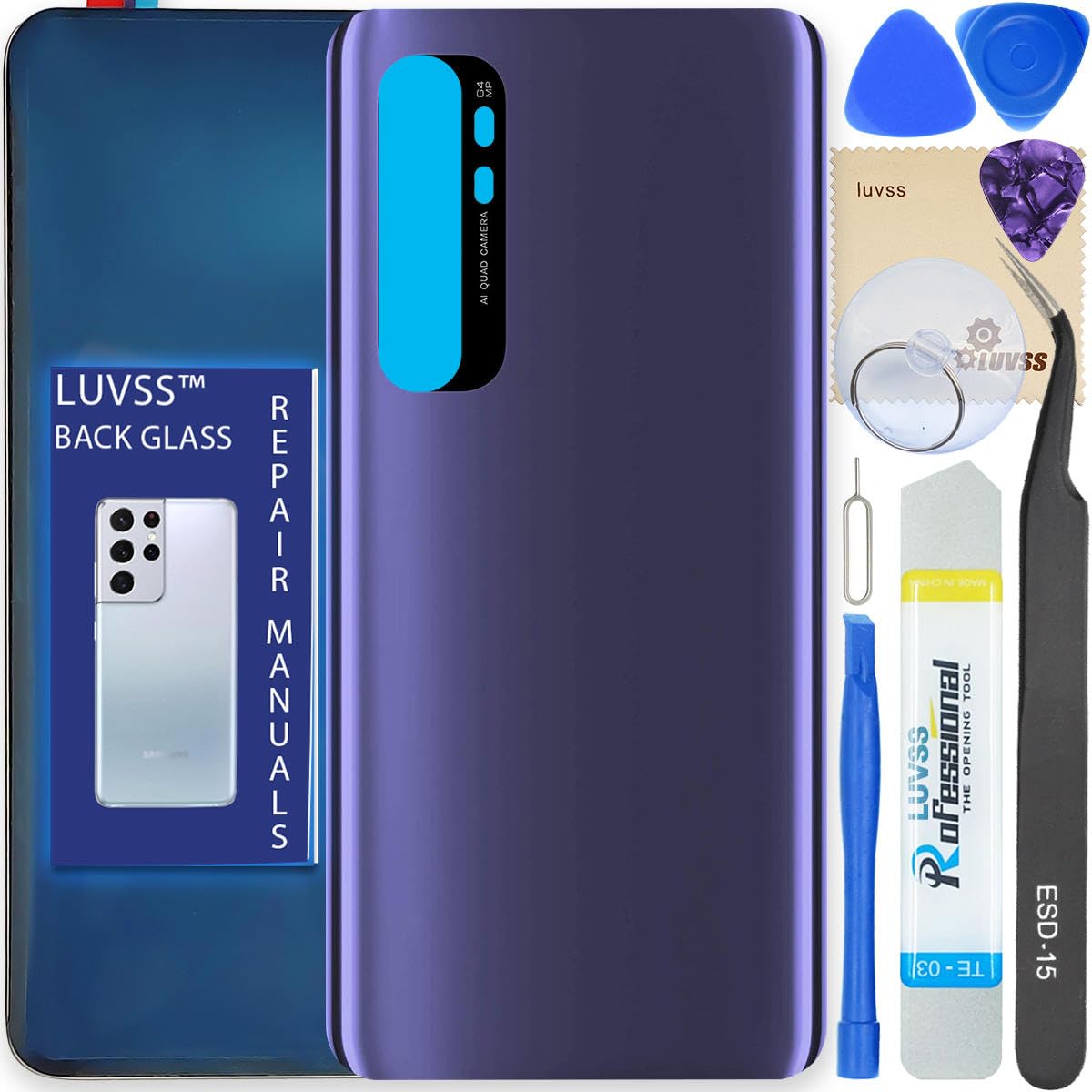 LUVSS Back Glass Cover Replacement Compitable for Xiaomi Mi Note 10 Lite Rear Cover + Repair Manual DIY Tools Kit (Purple)