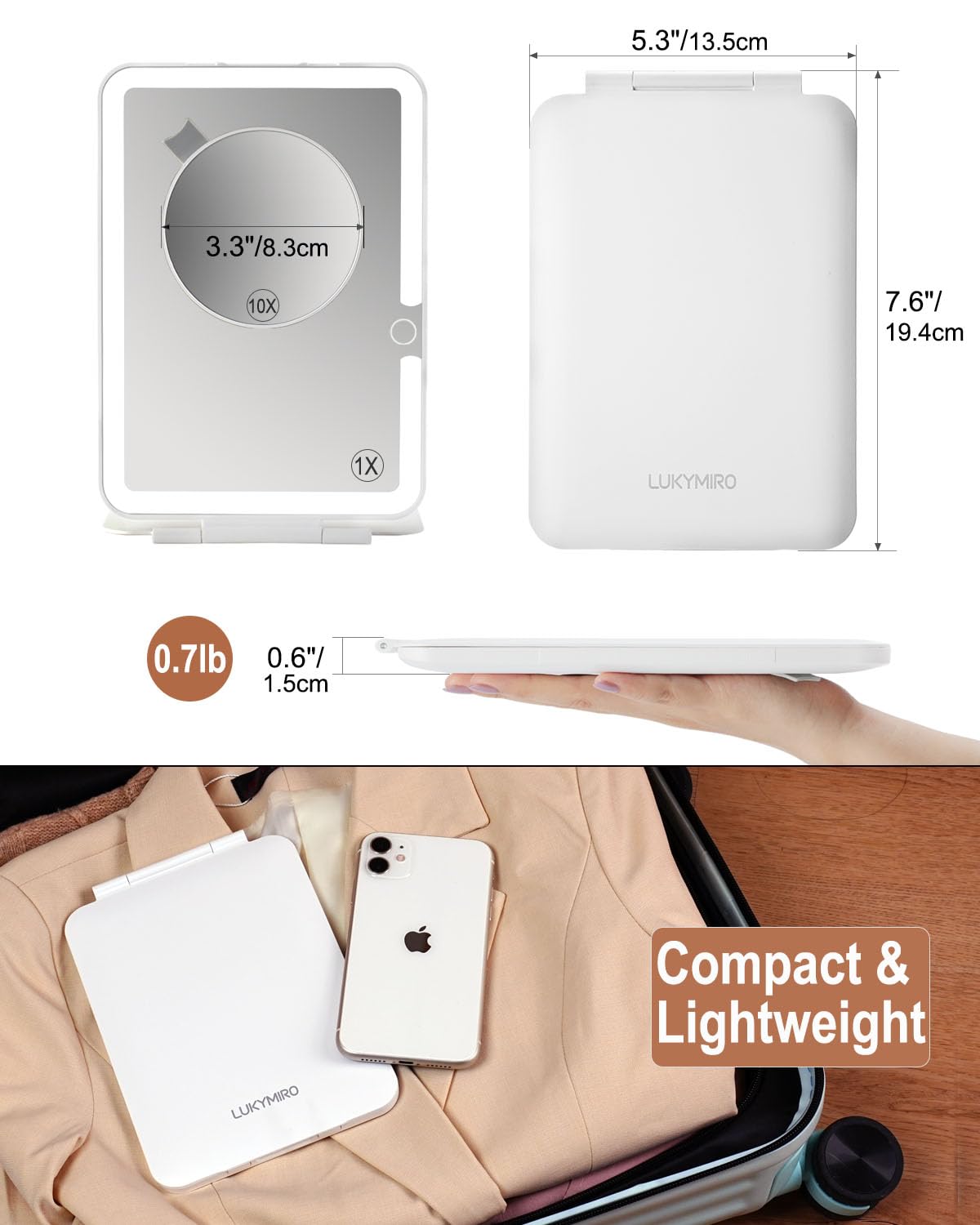 LUKYMIRO Rechargeable Travel Makeup Mirror with Lights, Portable Lighted Vanity 10X Magnification, 70 LEDs 3 Color Dimmable Touch Screen, Tabletop Folding Compact Cosmetic (White With 2000mah Battery)
