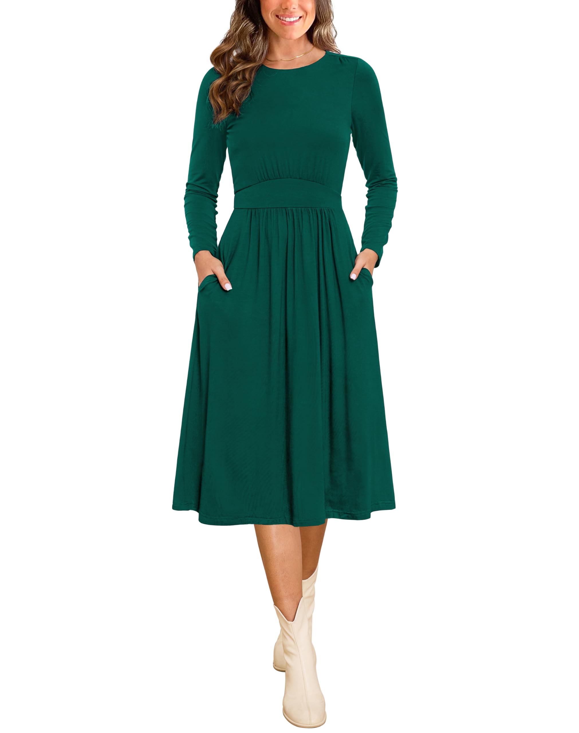 Photo 1 of **HAS A BLEACH STAIN**LOOK AT LIVE PHOTO**
Annebouti Midi Dresses for Women Pockets 2024 Casual Boho Party Office Work Semi Formal Wedding Guest Pleated Fall Long Sleeve Dress with Sleeves Green XL