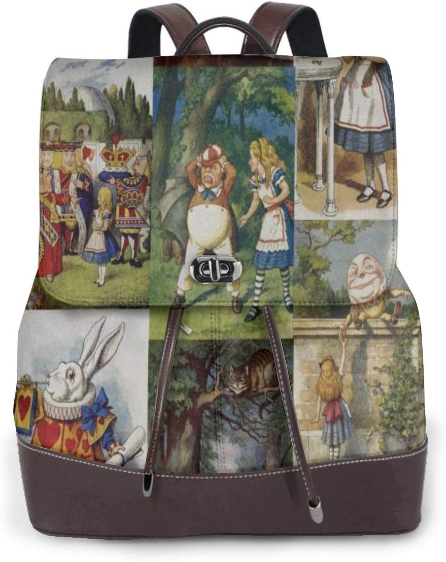 Fashion Shoulder Bag Alice In Wonderland Rucksack PU Leather Women Girls Ladies Backpack Travel Bag