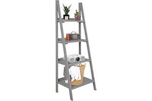 ECOMEX 4 Tier Ladder Shelf, Wooden Ladder Shelf 4 Tier Bookshelf Rustic Ladder Shelf Freestanding Storage Rack for Home Bedroom Office, Non-Foldable Grey