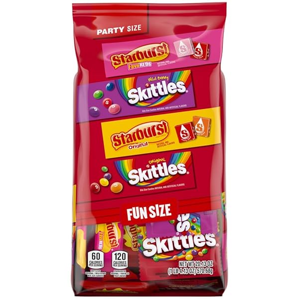 SKITTLES ORIGINAL, SKITTLES WILD BERRY & STARBURST ORIGINAL AND STARBURST FAVEREDS FUN SIZE CHEWY CANDY VARIETY BAG, PARTY SIZE, 20.13 OZ BULK BAG