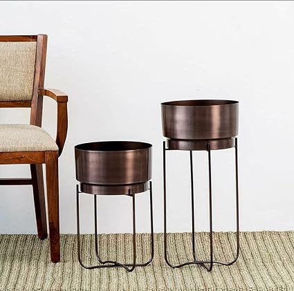 Plant World Decor Presents Set of 2 Classy Brown Metal Planters with Strong Metal Stand for Home D