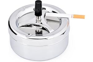 DS. DISTINCTIVE STYLE Round Push Down Ashtray with Spinning Tray Metal Cigarette Ash Tray Large 5.2 Inches Home Ashtray for Outside Patio (Silver)