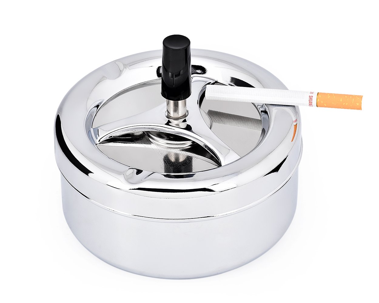 ds. distinctive style Round Push Down Ashtray with Spinning Tray Metal Cigarette Ash Tray Large 5.2 Inches Home Ashtray for Outside Patio - Silver