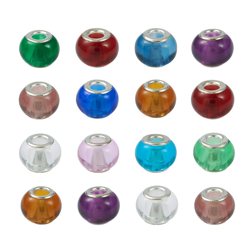 PandaHall 100pcs Murano Glass Beads 15x12mm Mixed Color Large Hole European Glass Beads with Silver Color Core for Jewelry Making