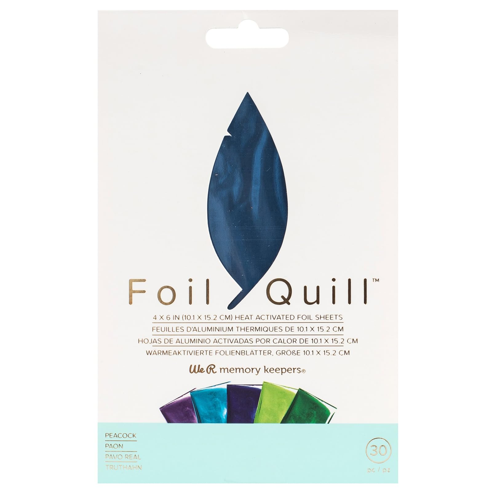 We R Memory Keepers Heat Activated Foil, Peacock, Set of 30 Sheets in 5 Colours, 4x6", Use with Quill Pen to Create Shiny Embellishments and Designs