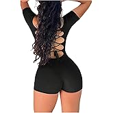 WDIRARA Women's Short Sleeve Backless Romper Square Neck Crisscross Tie Bodycon Jumpsuit Shorts One Piece Outfits