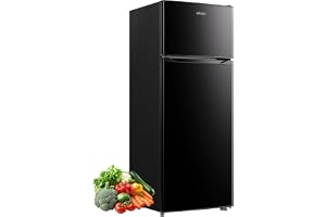 Upstreman 7.7 Cu.Ft. Refrigerator with Freezer Double Door Fridge | 7 Adjustable Thermostat, Large Capacity, Reversible Door Swing, Refrigerator for Apartment, Office, Dorm, Black（BD75