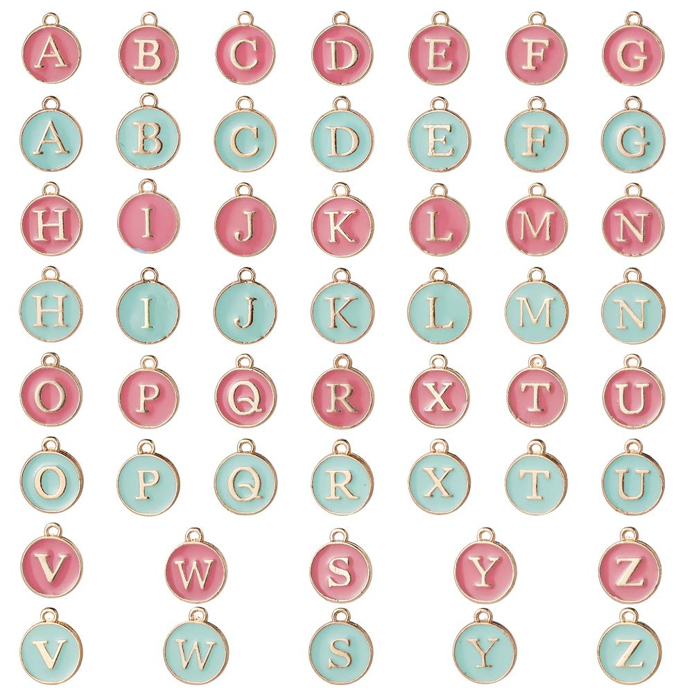 SUNNYCLUE 1 Box 52pcs 2 Colors Alphabet Letter Charms 26 Metal Letter Charms form a to z Enamel Initial Pendants Charms Double Sided Alphabet Charms for Jewellery Accessories Craft, Turquoise & Pink