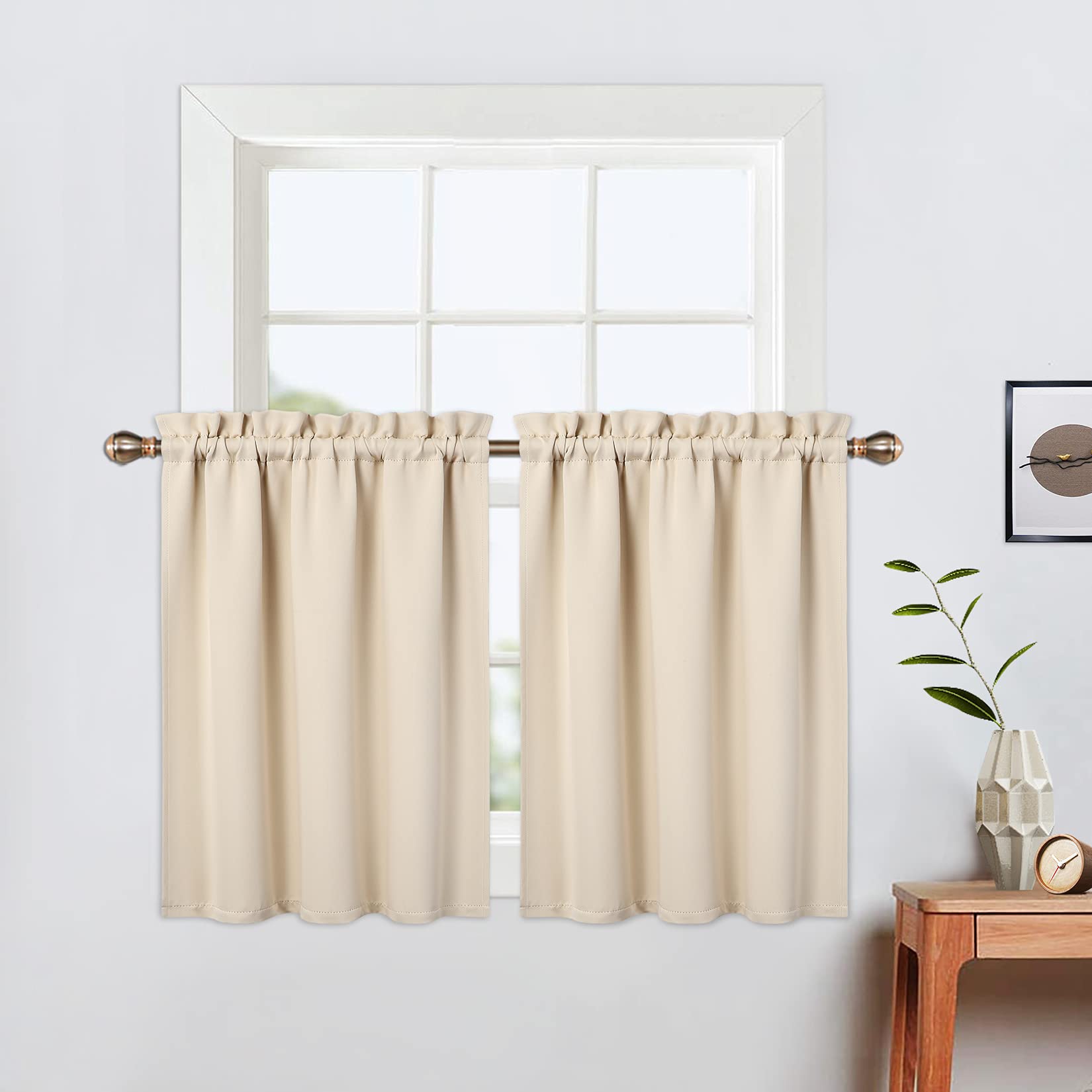 LinTimes 2-Pack Beige Blackout Short Curtains, 26" x 36" (2 Panels), Rod Pocket, Light Blocking, Room Darkening, Kitchen, Bathroom, Bedroom, Living Room