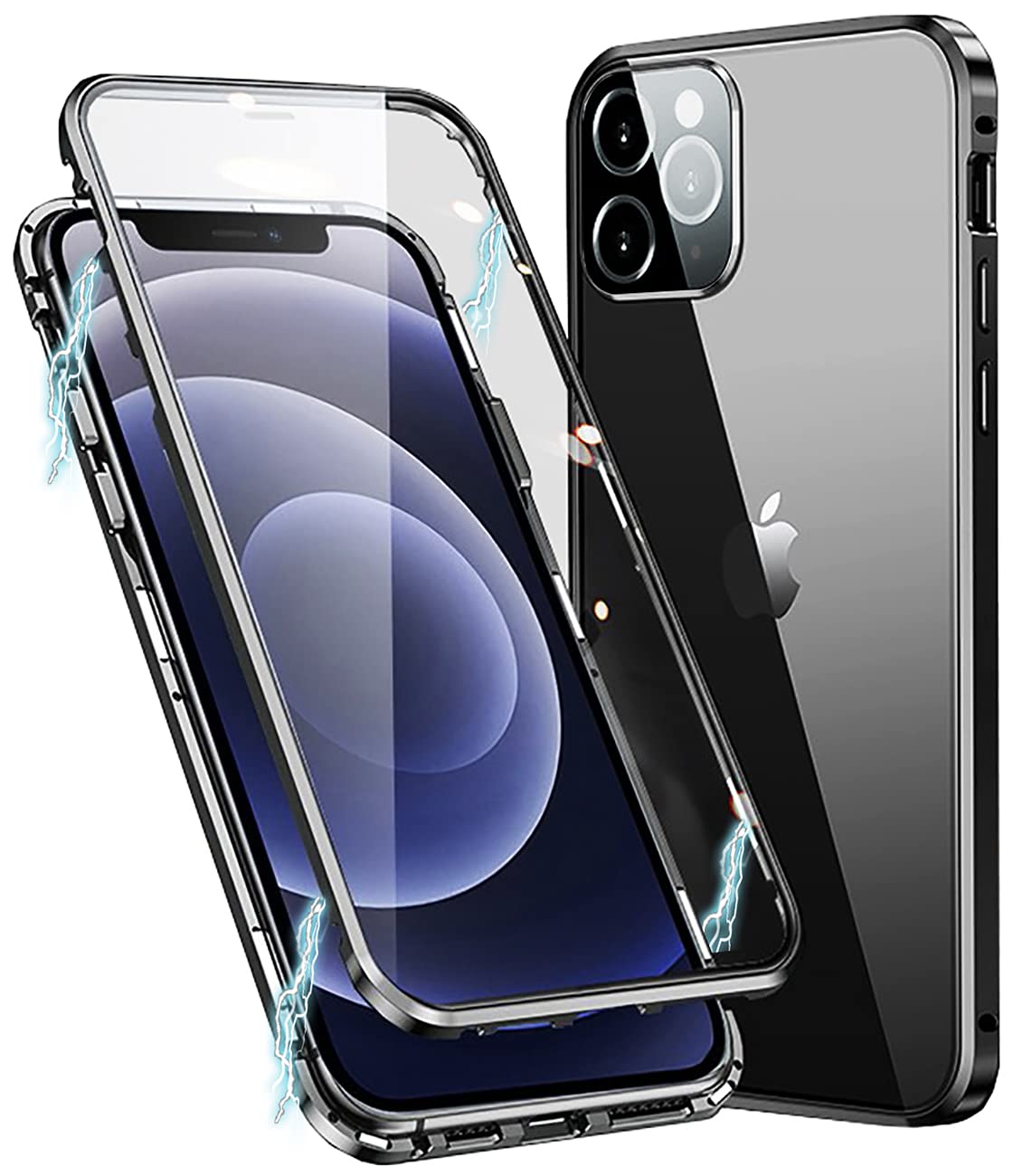 MIMGOAL Case for iPhone 11 Pro Max Magnetic Cover 360 Degree Full Body Shockproof [Built-in Camera Lens Protector] Metal Bumper with Front and Back Clear Tempered Glass, Black
