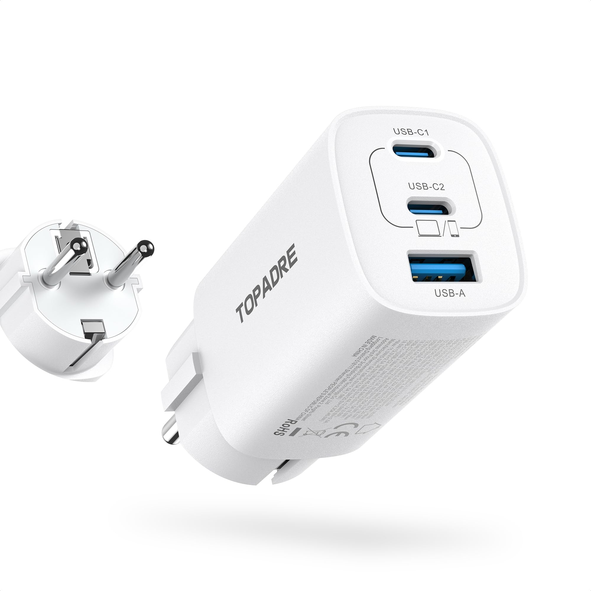 TOPADRE 65W USB C Ladegerät 3-Port Schuko Stecker CEE 7/7 für MacBook