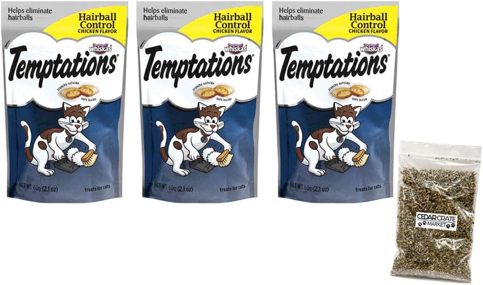 Whiskas Temptations Hairball Control Cat Treats Chicken Flavor Bundle | Pack of 3 Whiskas Pouches 2.1oz Each | Cat Hairball Treatment Chicken Treats | Temptations Cat Treats | Hairball Remedy for Cats