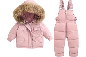 HLYSGO Kids 2 Piece Snowsuit Set Toddler Girl Winter Hooded Puffer Jacket & Snow Bib Pants Boy Thickened Ski Suits 1-6 Years