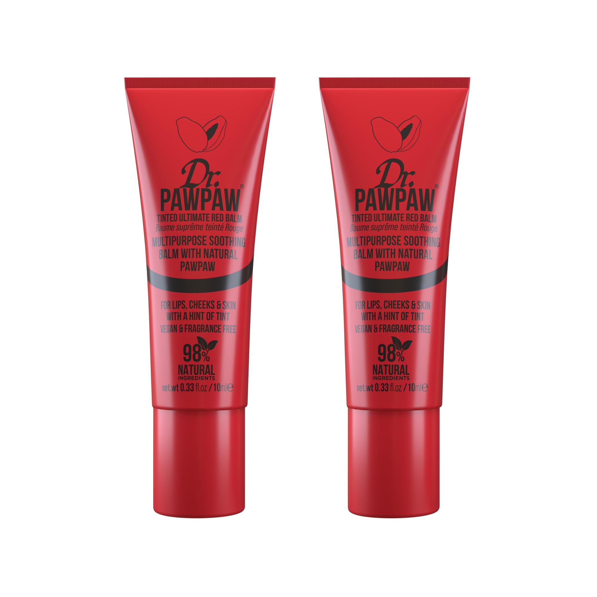 Dr.PAWPAW Tinted Ultimate Red, Multi-Purpose Natural No Fragrance Balm for Hydrating Lips, Skin, Hair, Cuticles, Nails & Beauty Finishing (2 x 10 ml)